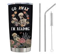 Nodrex Book Mug, Book Lover Gifts, Skull Floral Book Coffee Cup for Bookworms, 20oz Stainless Steel Insulated Mug for Home Office Travel with Lid & Straws