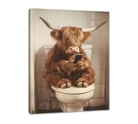 Nodrex Framed Highland Cow Bathroom Wall Art, Funny Bathroom Canvas Wall Art with Wood Frame, Toilet Wall Art Pictures for Bathroom Walls, Bathroom Decor Highland Cow Canvas Wall Art 40x30cm