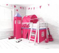 Nöa & Nani Moro Cabin Kids Solid Wood Midsleeper Bed With Cotton Pink Tent, Tower & Tunnel In Classic White