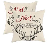 Noel Holiday Pillow Covers, Red Antler Design, Christmas Winter Decor for Home Sofa Bedroom Living Room, Soft Fabric Cushion Covers 16x16 Inch