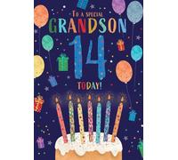 Noel Tatt 14th Birthday Card for Grandson - Age 14 Fun Cake & Balloons Design - Premium Greeting Card with Envelope