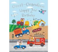 Noel Tatt 2nd Birthday Card for Great Grandson - Cute Animal & Vehicle Design with Trucks, Diggers & Emergency Vehicles - Age 2 Birthday Greeting Card for Boys