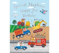 Noel Tatt 2nd Birthday Card for Nephew - Cute Animal & Vehicle Design with Trucks, Diggers & Emergency Vehicles - Age 2 Birthday Greeting Card for Boys