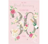 Noel Tatt 30th Milestone Pearl Anniversary Card - 30 Years - Champagne and Roses Design - Eco-Friendly and Recyclable