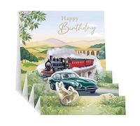 Noel Tatt 3D Pop Up Birthday Card for Him - Classic Car & Steam Train in Countryside Design with Embossed Foil Finish, Eco-Friendly & Made in the UK