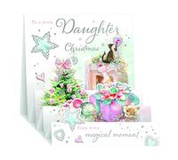 Noel Tatt 3D Pop Up Christmas Card for Daughter - Cat & Festive Fireplace Design - Embossed Silver Foil Finish - Premium Quality Christmas Greeting Card with Envelope