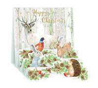 Noel Tatt 3D Pop Up Christmas Card for Men & Women - Festive Woodland Animals in the Snow - Embossed Gold Foil Finish - Premium Quality Christmas Greeting Card with Envelope