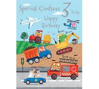 Noel Tatt 3rd Birthday Card for Godson - Age 3 Cute Animal & Vehicle Design with Trucks, Diggers & Emergency Transport - Premium Greeting Card with Envelope