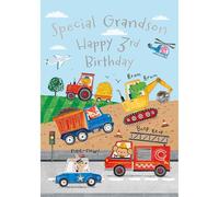Noel Tatt 3rd Birthday Card for Grandson - Cute Animal & Vehicle Design with Trucks, Diggers & Emergency Vehicles - 9 x 6 - Age 3 Birthday Greeting Card for Special Grandson - For Boys