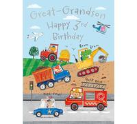 Noel Tatt 3rd Birthday Card for Great Grandson - Cute Animal & Vehicle Design with Trucks, Diggers & Emergency Vehicles - Age 3 Birthday Greeting Card for Boys