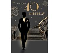 Noel Tatt 40th Birthday Card for Him - Stylish Art Deco Design with Foil Finish & Illustrated Insert Leaf, Eco-Friendly & Made in the UK