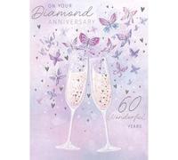 Noel Tatt 60th Diamond Anniversary Card - Elegant Champagne and Butterfly Design - Happy Diamond Anniversary for a Couple - Embossed Foil Finish