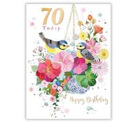 Noel Tatt 70th Birthday Card - Happy Birthday Card with Garden Birds and Hanging Basket Design and Special Finishes - Birthday Card for Women