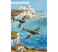 Noel Tatt 80th Birthday Card for Men - Charming Spitfire Plane along the Coast - Age 80 - Embossed Silver Foil Details - Premium Greeting Card with Envelope