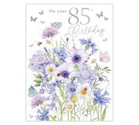 Noel Tatt 85th Birthday Card for Women - Age 85 Pretty Floral Butterflies & Bumblebees Design - Embossed Silver Foil Finish - Premium Greeting Card with Envelope