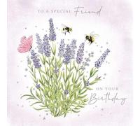 Noel Tatt Artistic Special Friend 'Happy Birthday' Greeting Card - Lavender & Bumblebee Illustration - Embossed With A Silver Foil Finish - From The Tranquility Range