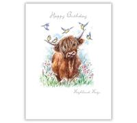 Noel Tatt Birthday Card for Her - Artistic Highland Cow and Birds Watercolour Design - Happy Birthday Card for Mum, Sister, Friend or Female Family Member - Embossed Foil Finish