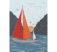 Noel Tatt Birthday Card for Men - Contemporary Sailing Boat & Dog - Outdoors Adventure Design - Premium Happy Birthday Greeting Card with Envelope