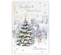 Noel Tatt Christmas Card for Daughter and Son In Law - Festive Snowy Walk Design - Foil Finish and 3D Embellishment - Artistic Christmas Greeting Card for a Special Couple