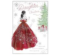 Noel Tatt Christmas Card for Daughter - Elegant Festive Dress & Tree Scene - Embossed Silver Foil Finish - Premium Quality Christmas Greeting Card with Envelope
