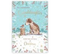 Noel Tatt Christmas Card for Granddaughter - Cute Dog and Robin Resign - Embossed Foil Finish - Festive Christmas Greeting Card for a Wonderful Granddaughter - For Her