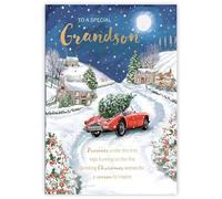 Noel Tatt Christmas Card for Grandson - Vintage Car Snowy Village Scene - Embossed Foil Finish - Festive Christmas Greeting Card for a Special Grandson - For Him