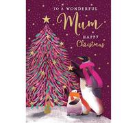 Noel Tatt Christmas Card for Mum - Penguins Decorating the Tree - 3D embellishments and Embossed Foil Finish - Festive Christmas Greeting Card for a Wonderful Mum - For Her