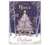 Noel Tatt Christmas Card for Niece - Festive Tree & Rabbits Design - 3D Embellishments - Embossed Foil Finish - Cute Christmas Greeting Card to a Wonderful Niece - For Her