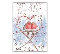 Noel Tatt Christmas Card for One I Love - Robin Couple in Heart of Holly - Romantic Christmas Greeting Card for The One I Love