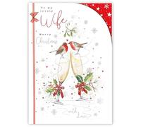 Noel Tatt Christmas Card for Wife - Artistic Champagne and Robins Design - Foil Finish and 3D Embellishment - Festive Christmas Greeting Card for a Lovely Wife