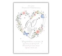 Noel Tatt Diamond Anniversary Card - Elegant Floral Heart Wreath & Butterfly Design - 60th Wedding Anniversary Card for a Special Couple