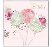 Noel Tatt Female Birthday Card - Happy Birthday - Balloons, Peonies and Flowers - Embossed Gold Foil and Diamante Finish - For Her