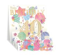 Noel Tatt Female Pop up 40th Birthday Card - Happy Birthday Card Age 40 with Artistic Floral Balloon and Present Design and an Embossed Foil Finish - Birthday Card for Women