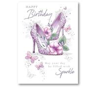 Noel Tatt General Female Birthday Card for Women/Girls - Purple Stiletto Shoes, Flowers & Butterflies Embossed with Foil Details - Eco-Friendly & Recyclable