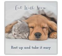 Noel Tatt Get Well Soon Card - Cute Kitten & Puppy Design - 'Rest up and Take it Easy' - Adorable & Uplifting Greeting Card For Recovery