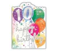 Noel Tatt Girls 10th Birthday Card - Age 10 - Rainbow Balloons and Stars with Silver Foil and Die Cut Detail - Eco-Friendly and Recyclable - Made in England