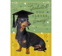 Noel Tatt Graduation Congratulations Card - Graduation Card with Dachshund Dog and Stars Design with a 'You Clever Sausage' Message