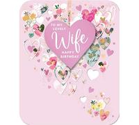 Noel Tatt Lovely Wife Birthday Card - Happy Birthday Card with Floral Heart Design and a Foil Finish with Embellishments - Birthday Card for Women