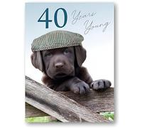 Noel Tatt - Male 40th Birthday Card For Him - Age 40 Years Young - Puppy Dog Wearing Flat Cap - Eco-Friendly