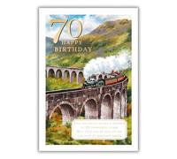 Noel Tatt Male 70th Birthday Card - Happy Birthday Card for Men Age 70 with Artistic Scenic Steam Train and Viaduct Countryside Design with an Embossed Foil Finish