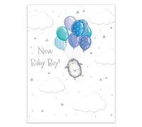 Noel Tatt New Baby Boy Congratulations Card - Cute Penguin & Balloons - Embossed Foil Finish - Eco-Friendly & Made in the UK