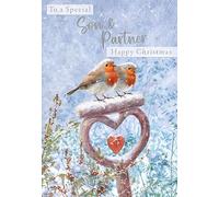 Noel Tatt Son and Partner Christmas Card, Single - Christmas Cards with Snowy Robins Design and Special Finishes - Eco-Friendly Xmas Cards with Envelope