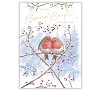 Noel Tatt Special Couple Christmas Card, Single - Christmas Cards with Robins and Love Heart Scene with Special Finishes - Eco-Friendly Xmas Cards with Envelope