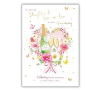 Noel Tatt Special Daughter and Son in Law Anniversary Card - Elegant Champagne & Floral Heart Design - Happy Anniversary Card for a Couple - Foil Finish