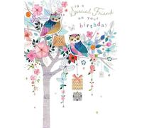 Noel Tatt Special Friend Birthday Card - Owls in a Floral Tree with 3D Handcrafted Embellishments and Foil Details - Eco-Friendly and Recyclable