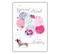 Noel Tatt Special Friend Happy Birthday Card - Artistic Dachshund Dog - Feminine Floral Balloon Design - Birthday Card for Women or Girls