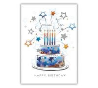 Noel Tatt Special Son Happy Birthday Card - Contemporary Cake, Candles and Stars Design - Modern Birthday Card for Men or Boys - 9 x 6