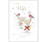 Noel Tatt Wife Christmas Card, Single - Christmas Cards with Robins and Cocktails Festive Design with Special Finishes - Eco-Friendly Xmas Cards with Envelope