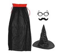 NOENNULL Wizard Costume Wizard Hat Glasses Fake Mustache Cape Set for Halloween Party Costume Accessories Cosplay for Kids and Adults, Knitted Fabric, Black, 4 Pcs, Suitable Height: 140-170cm