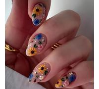 Noerrors 3D Embossed Flower False Nails, 24Pcs Short Medium Almond Press On Nails Colorful Flowers Floral Bee Spring Summer Cute Acrylic Fake Nude Stick Glue on Nails for Women Girls Manicure